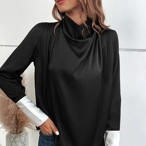 Black Casual Womens Contrast Cuff Fold Pleated Detail 2 In 1 Blouse - Picture 5 of 5